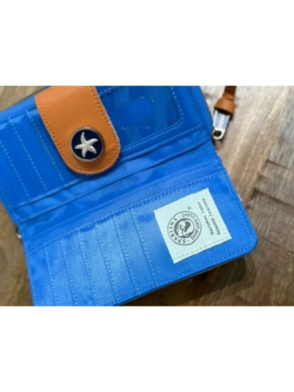 Spartina 449 May River Wallet Starfish Linen Leather Tan Navy White Snap Zip Aro